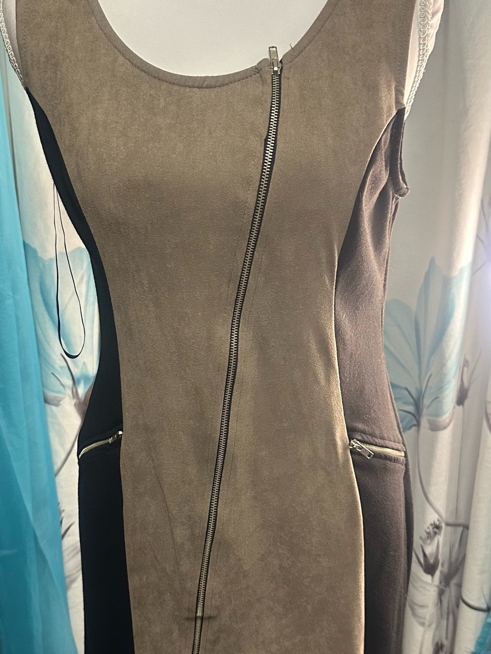 Papaya Sleeveless Taupe and Dark Brown Zip-Front Women's Dress